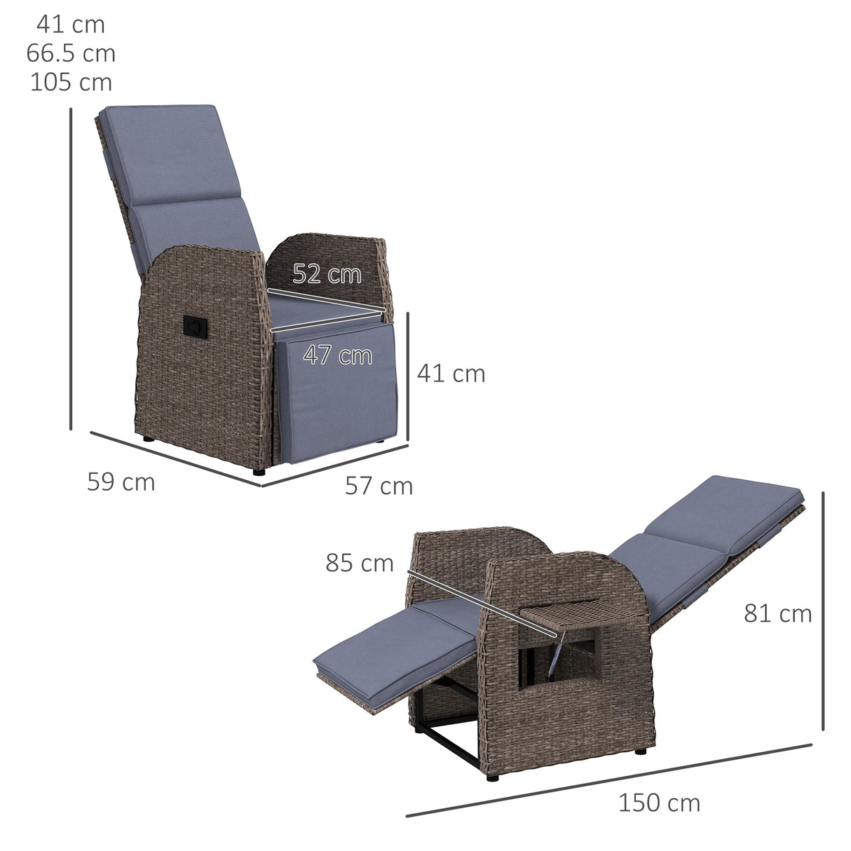 Outsunny 148 Reclining Rattan Garden Armchair, with Footrest - Brown/Grey