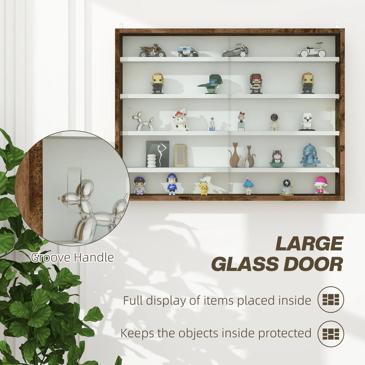 HOMCOM 5-Tier Wall Display Shelf Unit Cabinet w/ 4 Adjustable Shelves Glass Doors Home Office Ornaments 60x80cm Rustic brown