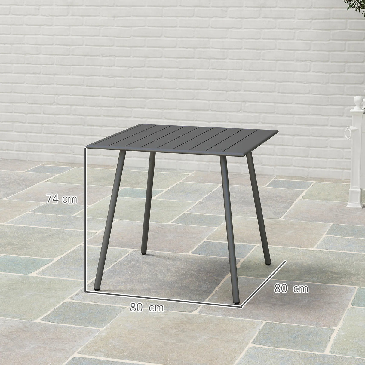 Outsunny Square Garden Table with Slat Top, Steel Frame, Outdoor Table for 4 Person, 80 x 80 x 74 cm, Grey