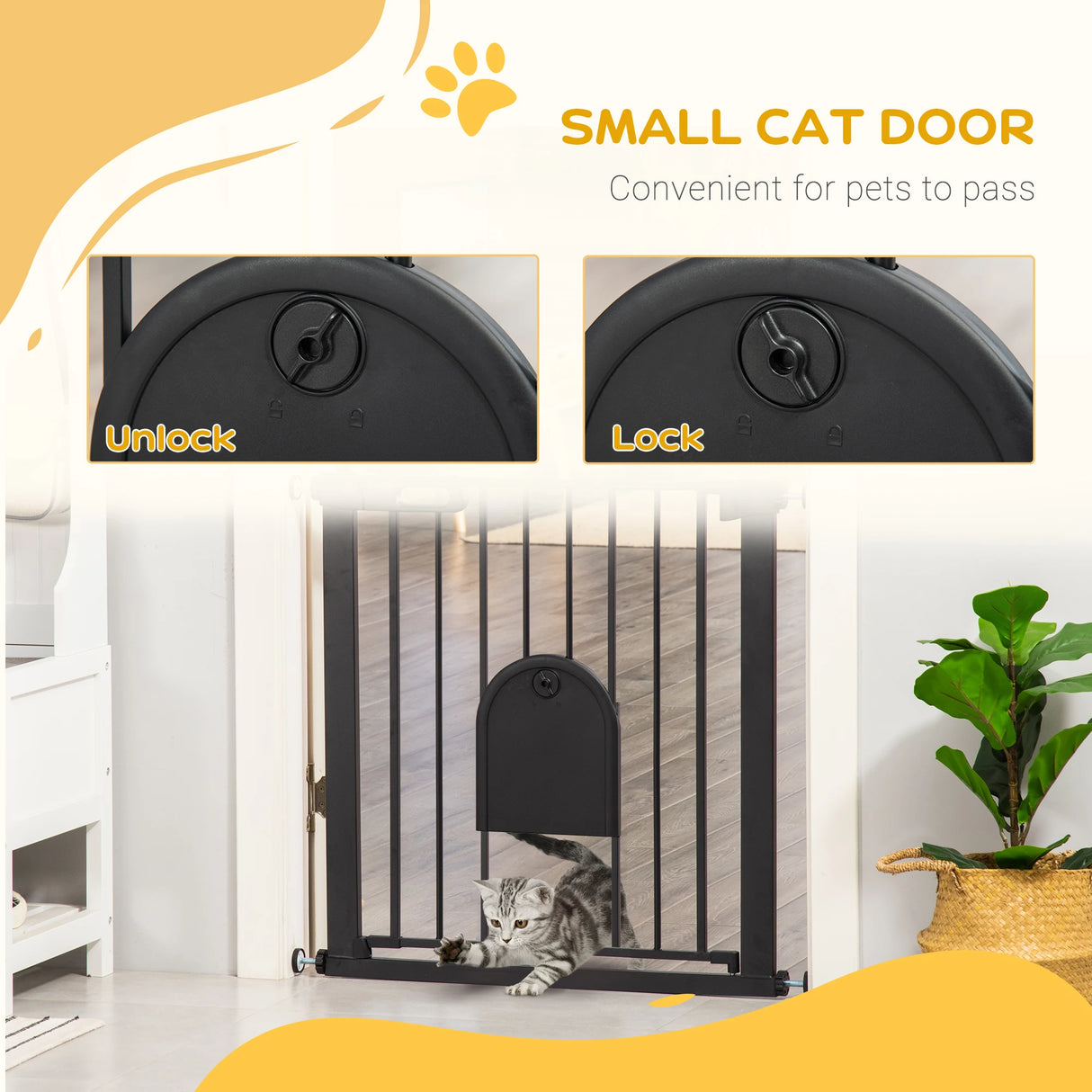 PawHut Dog Gate with Cat Flap Pet Safety Gate Barrier, Stair Pressure Fit, Auto Close, Double Locking, for Doorways, Hallways, 75-82 cm Black