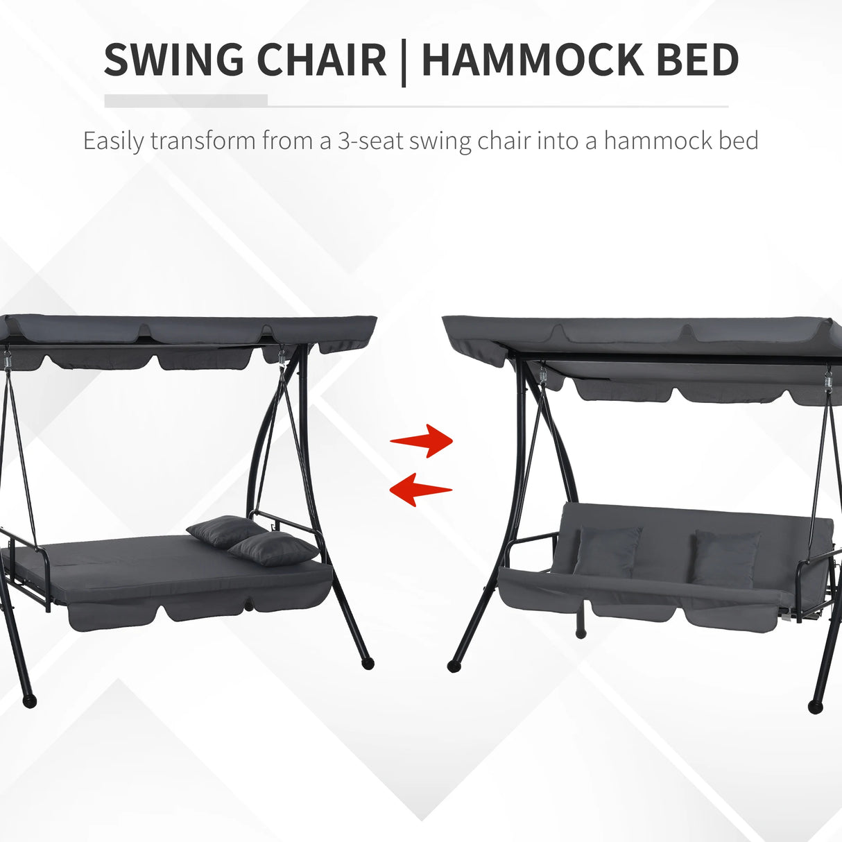 Outsunny Outdoor 2-in-1 Swing Chair Lounger 3 Seater Garden Swing Seat Bed Convertible Tilt Canopy W/ Cushion, Dark Grey