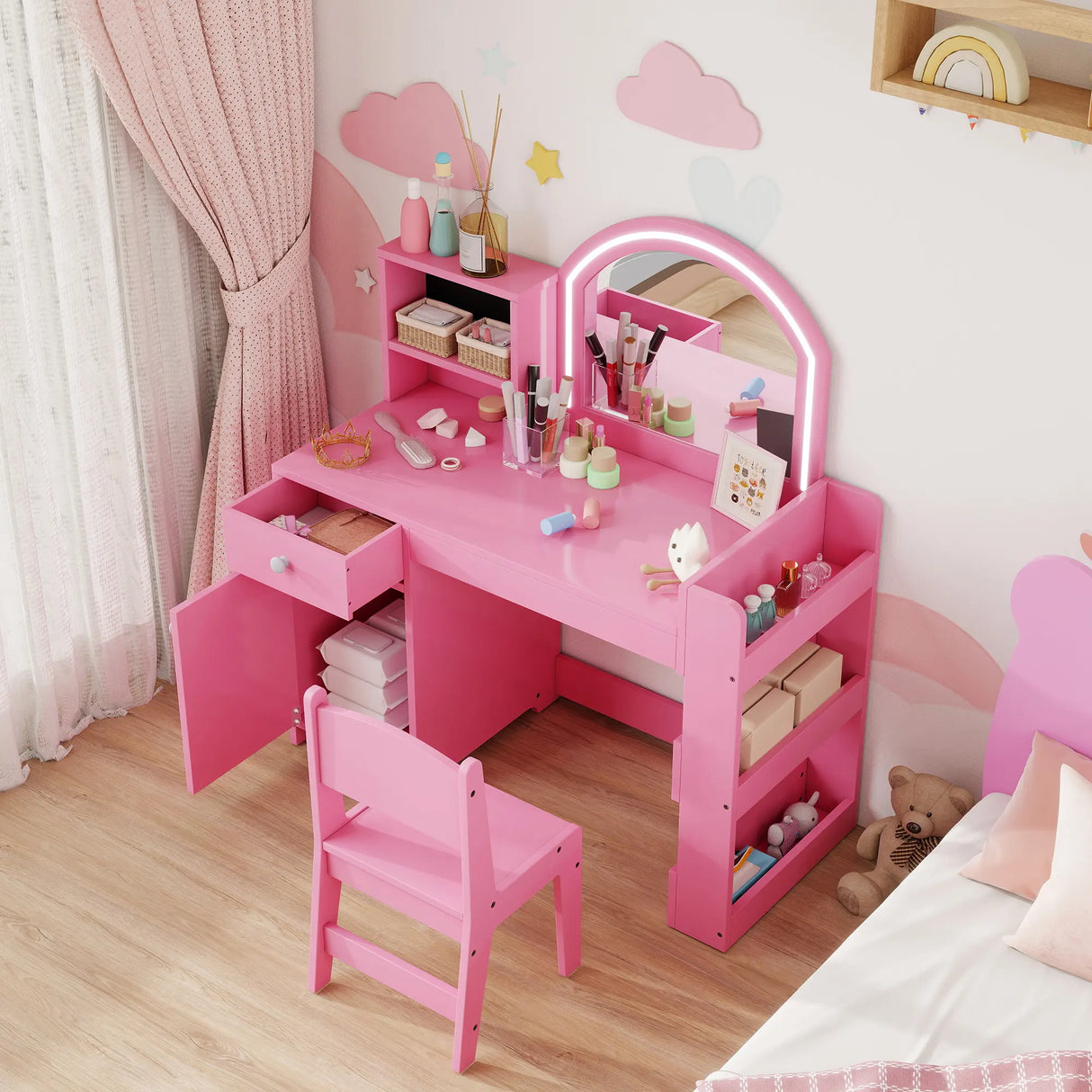 AIYAPLAY Kids Vanity Table and Chair Set, Girls Dressing Table with 2-Colour LED Mirror, Stool, Cabinet, Drawer, Shelves, Pink