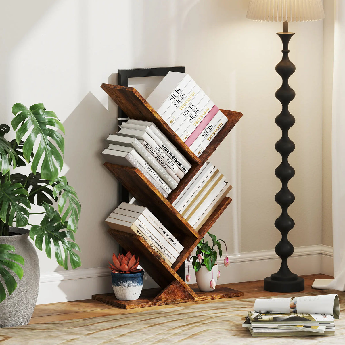 HOMCOM Four-Section Tree Bookcase - Wood-Effect