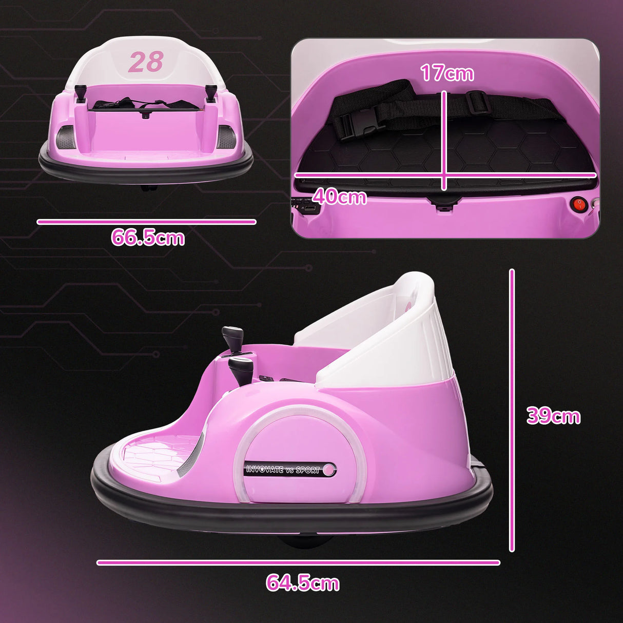 AIYAPLAY 360 Rotation Kids Bumper Car, 12V Waltz Car with Remote Control, Dual Joystick, Music, Lights, Pink