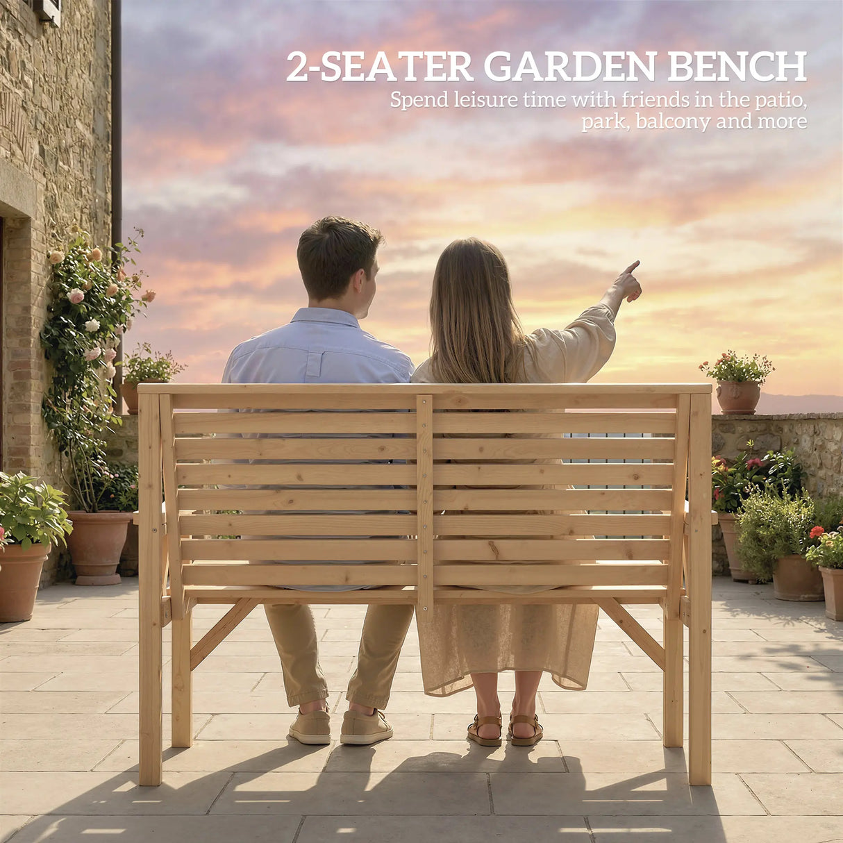 Outsunny 2 Seater Wooden Garden Bench, Slatted Patio Bench with Armrest and Backrest, Outdoor Furniture for Indoor, Balcony