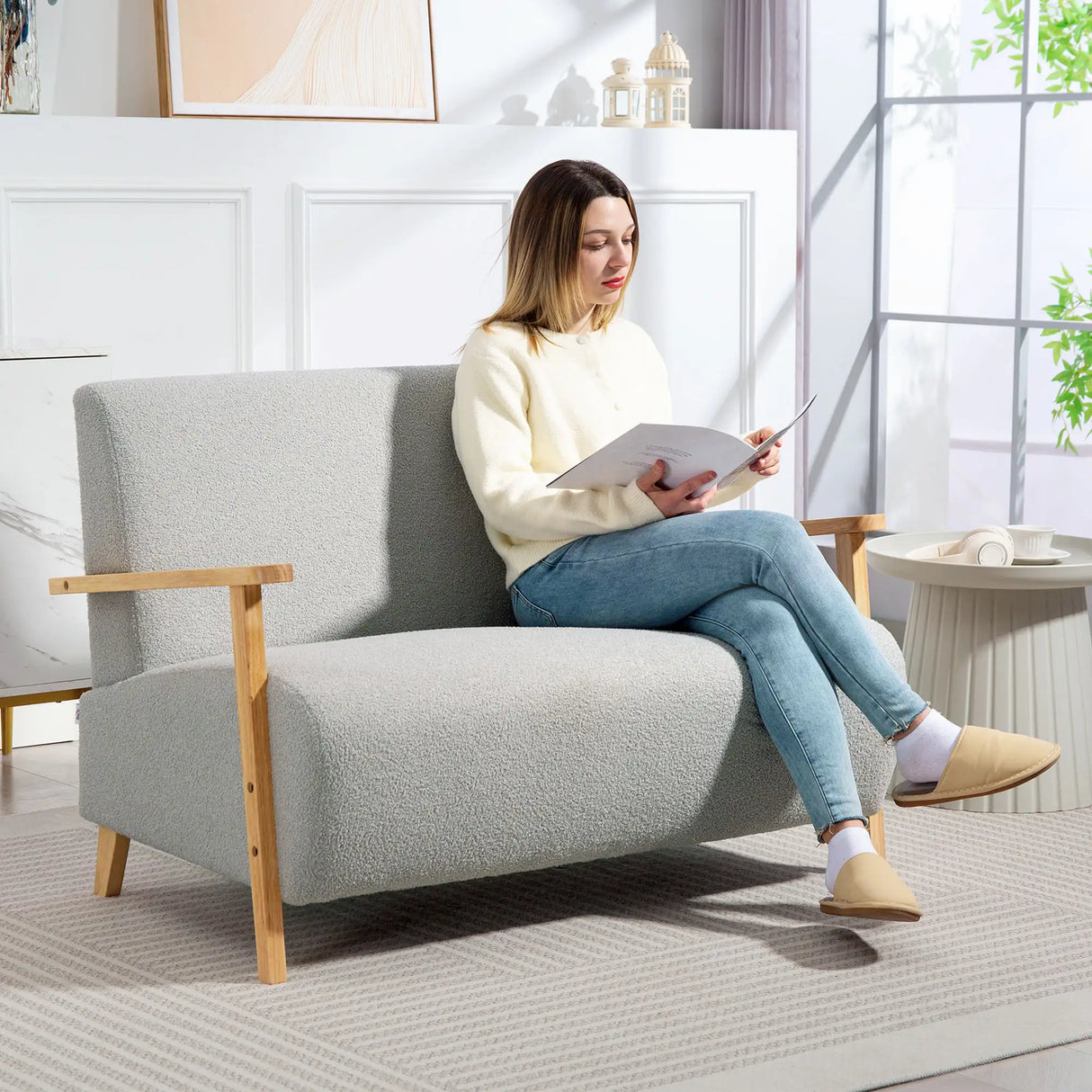 HOMCOM Small Sherpa Fabric 2 Seater Sofa Settee - Light Grey