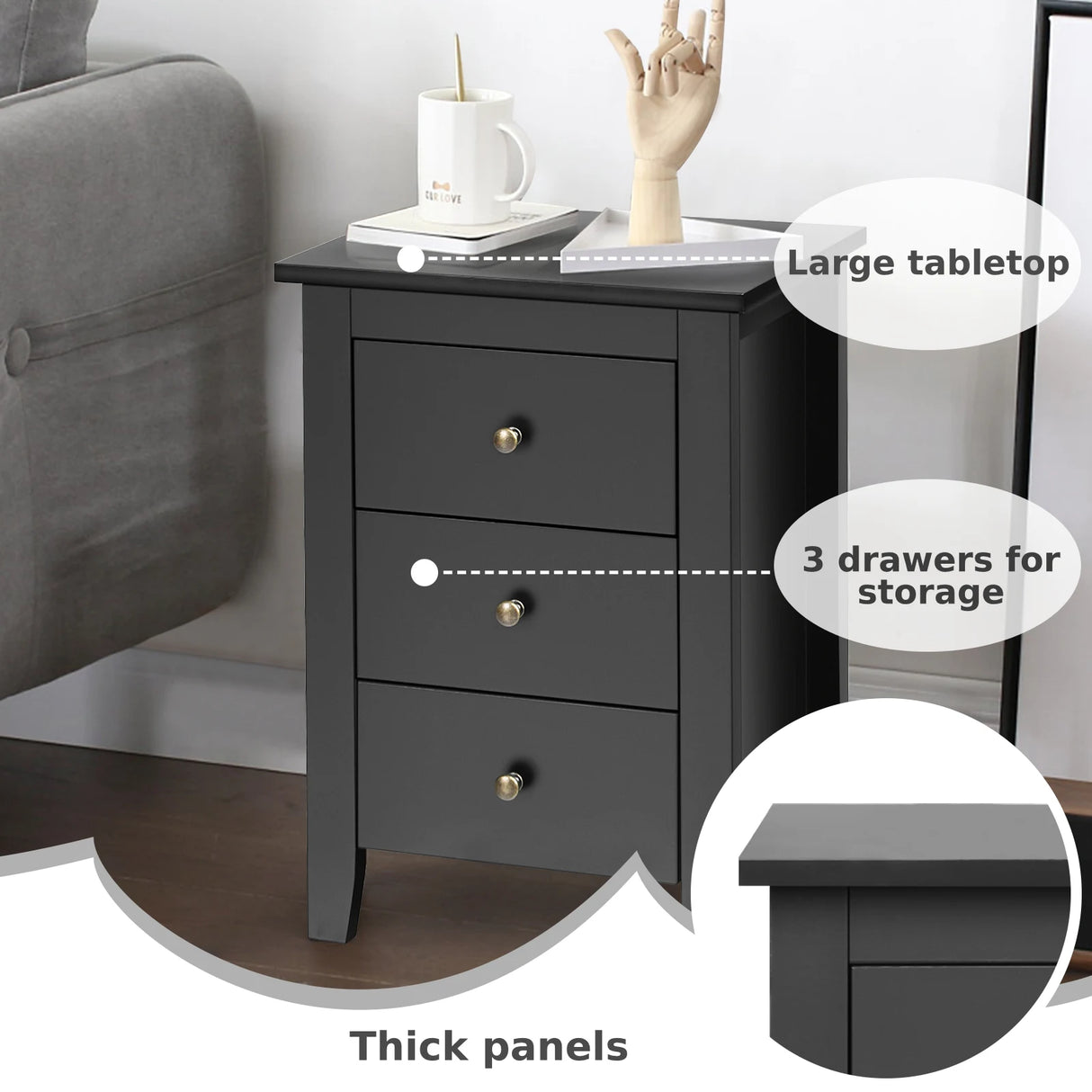 Nightstand End Beside Table Drawers Modern Storage Bedroom Furniture-Black
