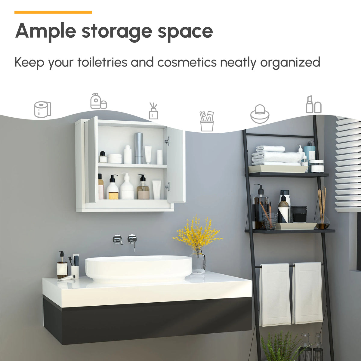HOMCOM Bathroom Mirror Cabinet Wall Mounted Storage Shelf Bathroom Cupboard Double Door, White