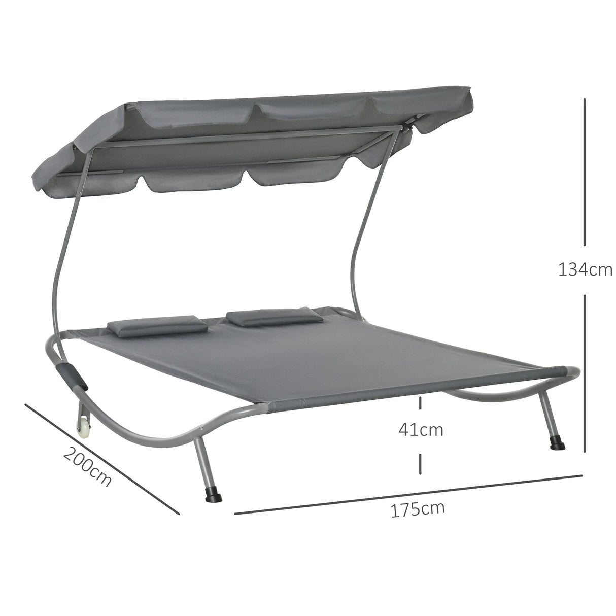 Outsunny Double Sun Lounger with Adjustable Detachable Canopy, Portable Garden Daybed for 2 with Wheels, Outdoor Sunbed Hammock with 2 Pillows, 220 KG Max. Load, Grey