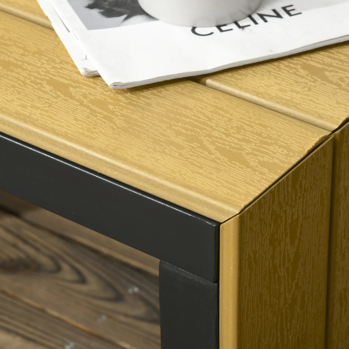 Outsunny 3 Pieces Patio Furniture Set, Outdoor Garden Sofa Conversation Set w/ Padded Cushions, Wood Grain Plastic Top Table and Side Panel, Dark Grey