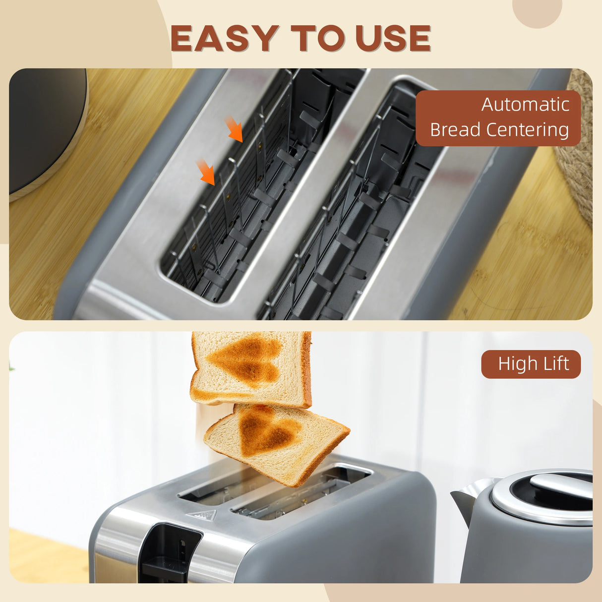 HOMCOM Stainless Steel Kettle and Toaster Set, 1.7L 3000W Fast Boil Kettle & 2 Slice Toaster Kitchen Set with 7 Level Browning Controls, Defrost, Reheat, Auto Off, Boil-dry Protection, Grey