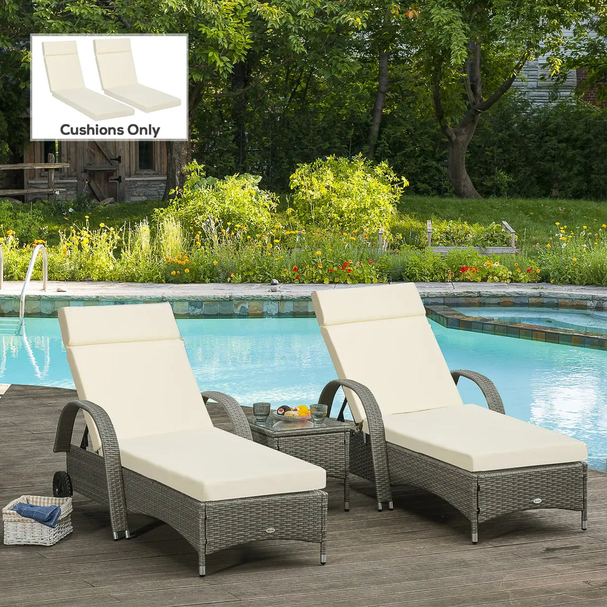 Outsunny Set of 2 Sun Lounger Cushions, Replacement Cushions for Rattan Furniture with Ties, 196 x 55 cm, Cushion ONLY, Cream White