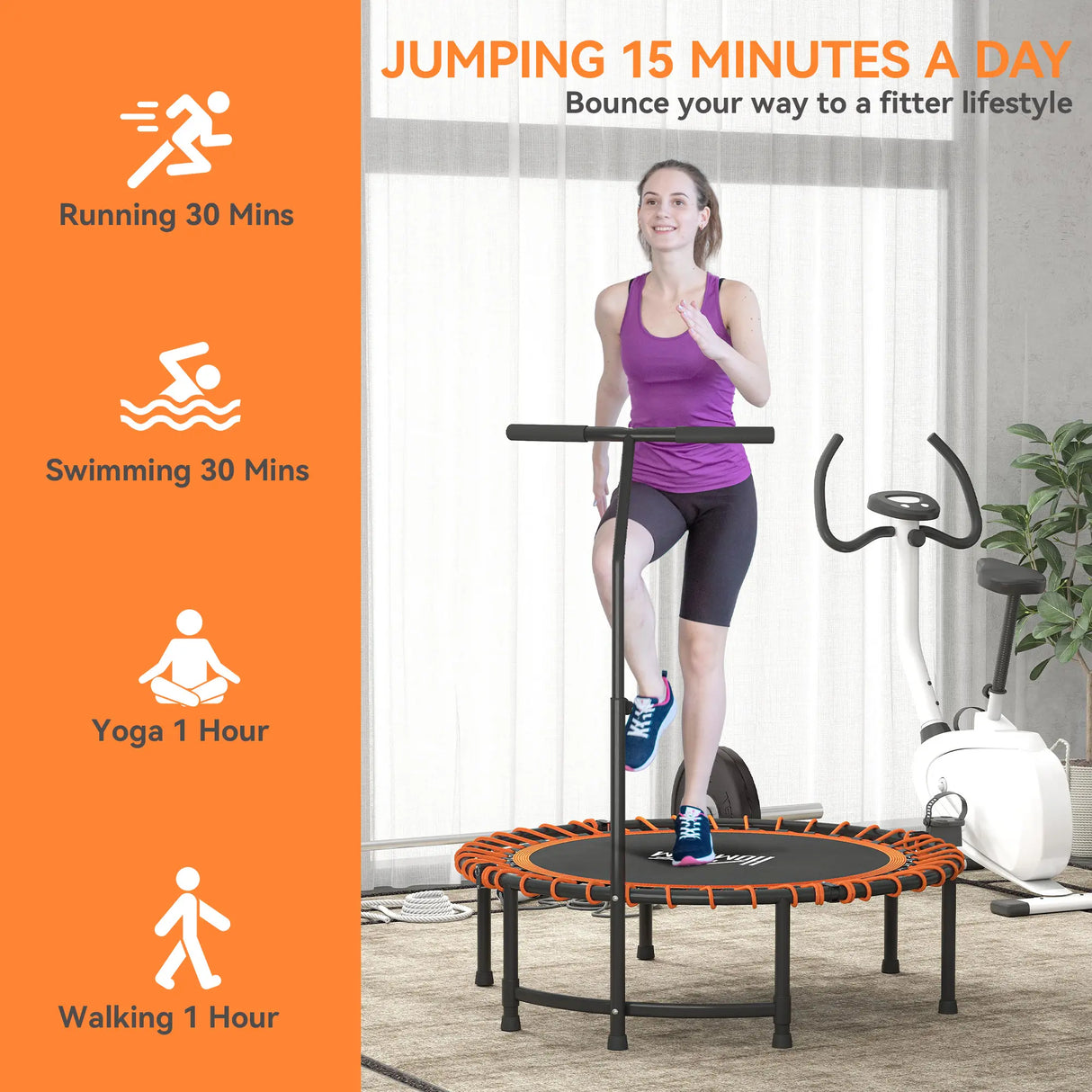 HOMCOM Mini Round Steel Frame Trampoline w/ Adjustable Handle, Orange