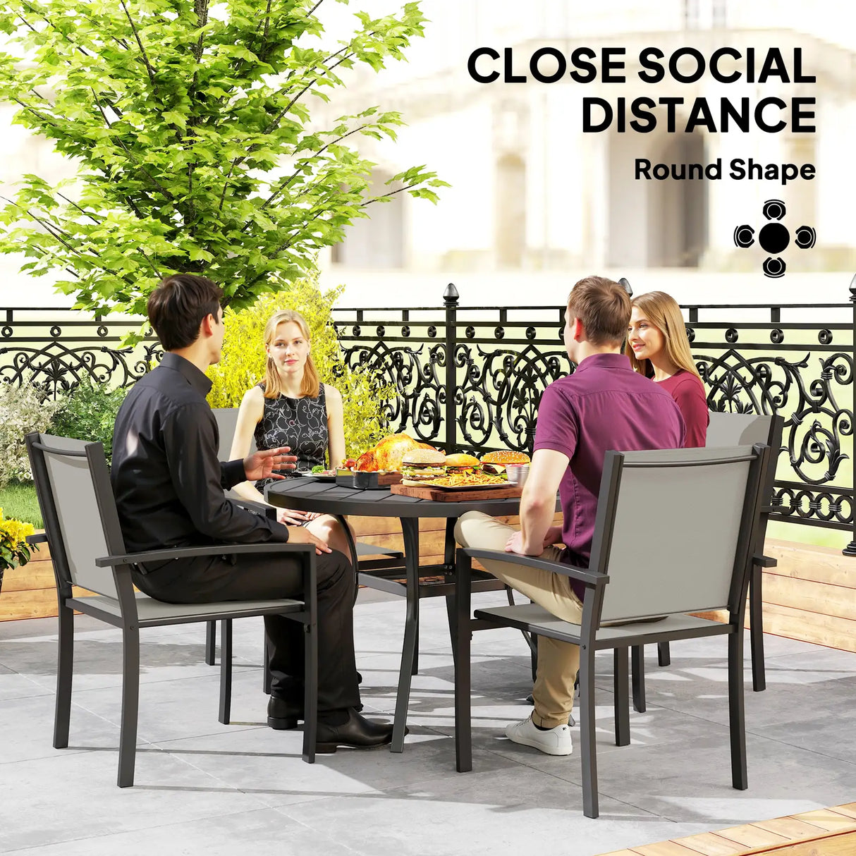 Outsunny 5 Piece Garden Furniture Set, Garden Dining Set with Round Table and 4 Stackable Chairs, Steel Frame, for Outdoor, Patio, Terraces, Dark Grey