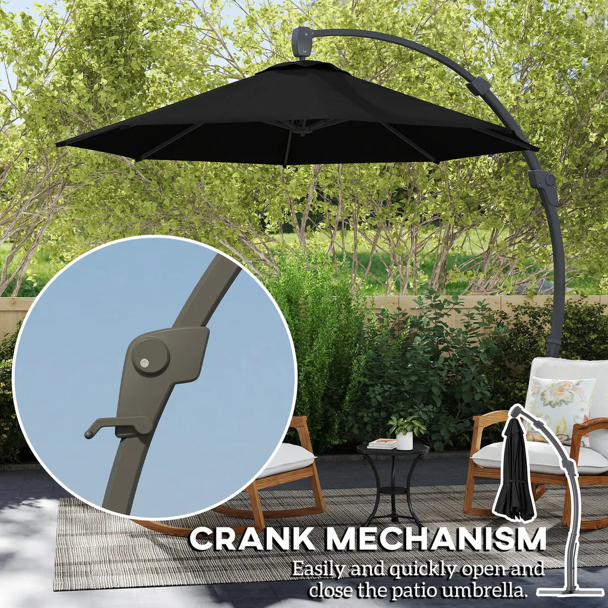 Outsunny 3(m) Garden Cantilever Parasol, Round Overhanging Umbrella with Crank Handle, Cross Base, Aluminium Frame and 360 Rotation, Banana Patio Umbrella for Outdoor Sun Shade, Black