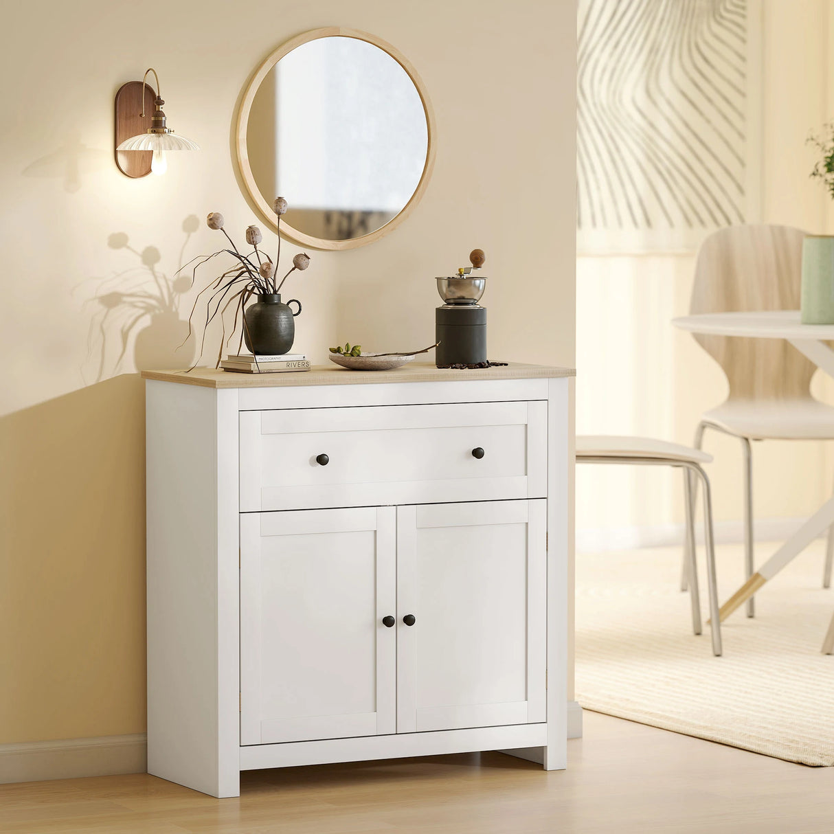 HOMCOM Sideboard Storage Cabinet, Morden Kitchen Cupboard with Adjustable Shelf, Drawer and Double Doors, Sideboard for Living Room, Dining Room, Hallway, White