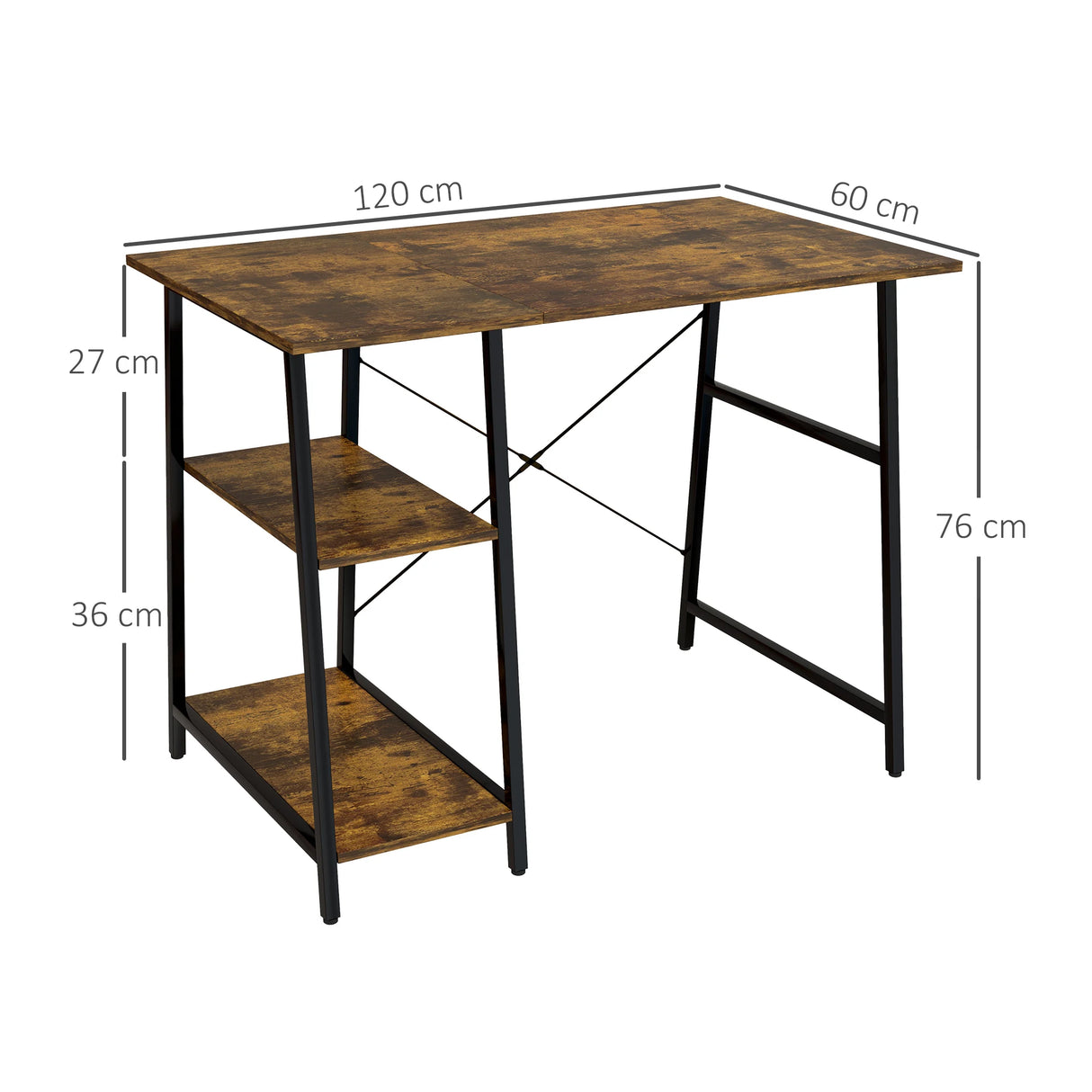 HOMCOM Industrial-Style Work Desk, with Shelves - Brown/Black