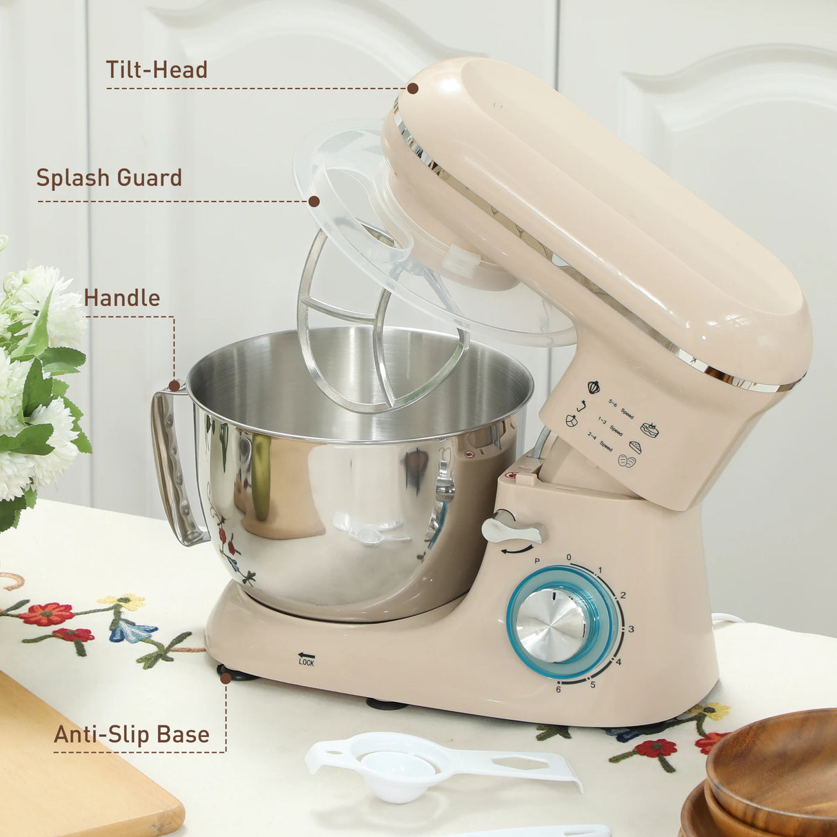 HOMCOM 1300W Kitchen Stand Mixer, with Accessories - Beige