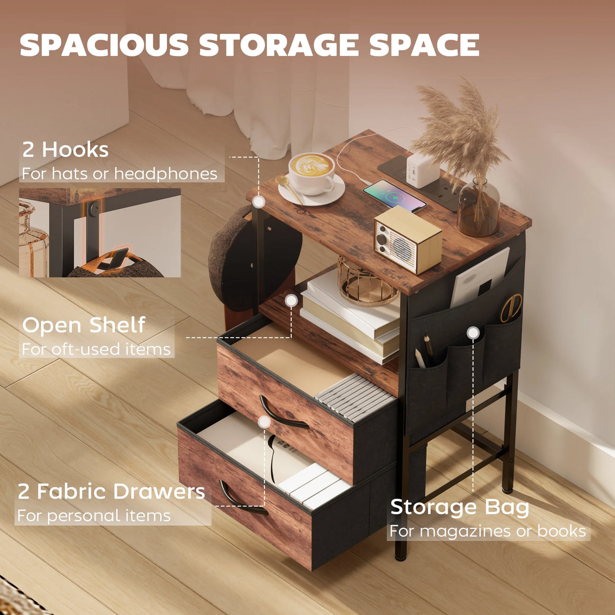 HOMCOM Bedside Table with Charging Station - Rustic Brown