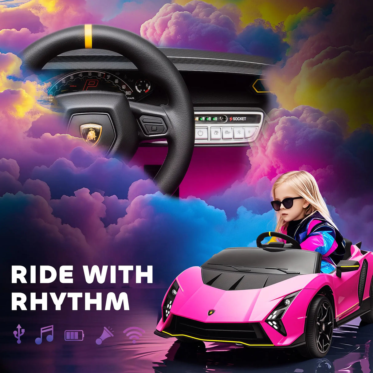 AIYAPLAY 12V Lamborghini Autentica Licensed Kids Electric Car with Remote Control, 4 Suspension Wheels, Soft Start, Pink