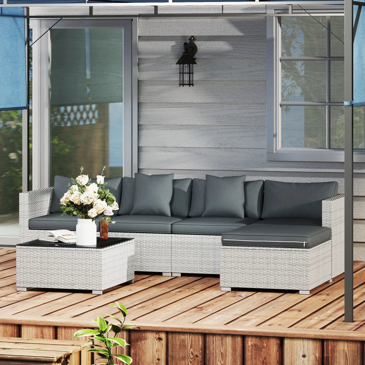 Outsunny 6 Pieces Rattan Corner Sofa Set - Mixed Grey