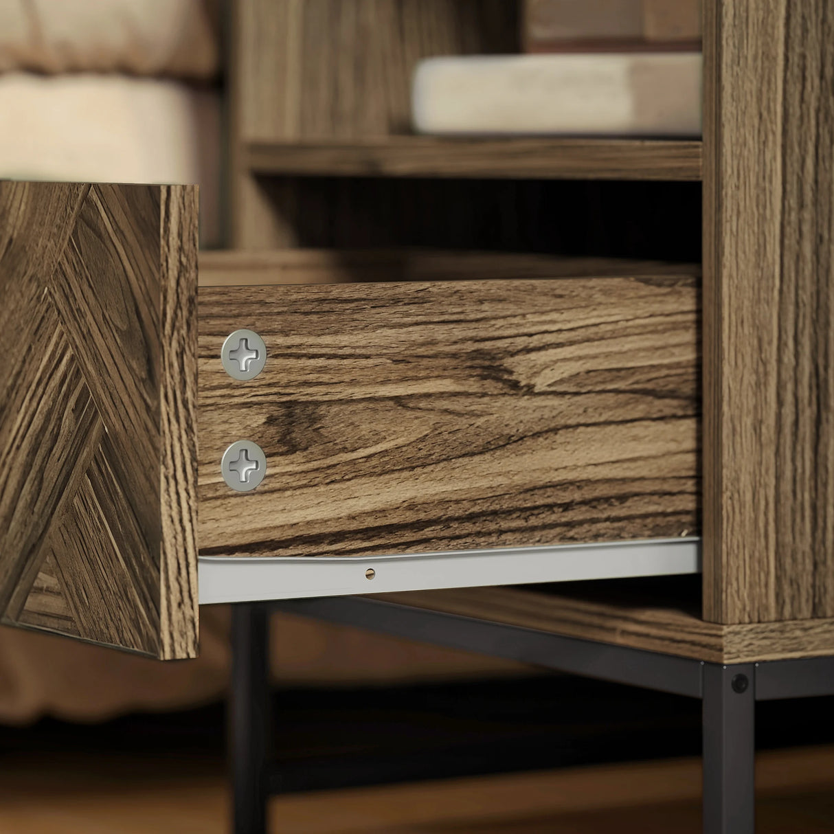 HOMCOM Bedside Table with Drawer and Shelf, Side End Table with Steel Legs for Living Room, Bedroom, Brown Wood Effect