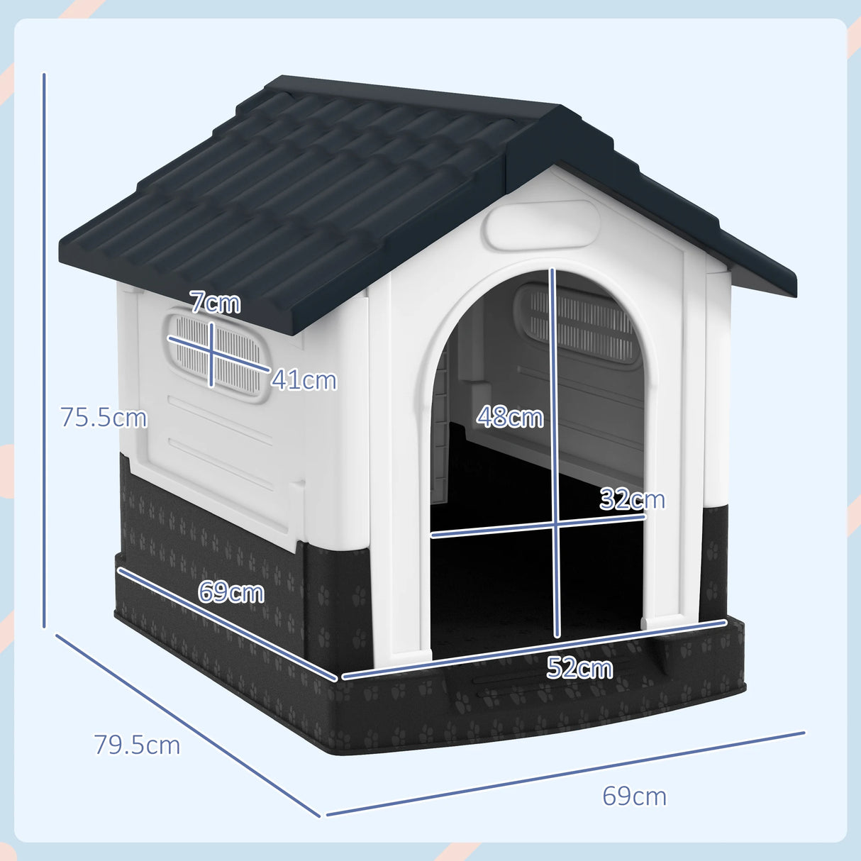 PawHut Plastic Dog Kennel with Windows, for Garden Patio, Miniature and Small Dogs, 80 x 69 x 76cm - Grey