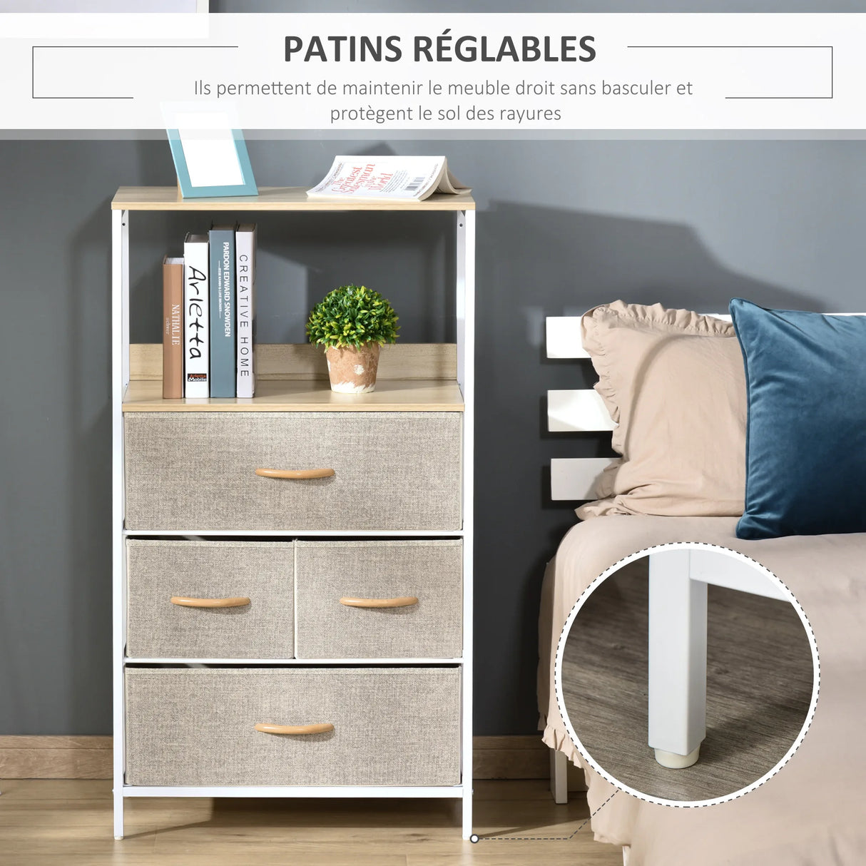 HOMCOM 4 Drawer Storage Chest Unit Home Cabinet w/ Shelves Home Living Room Bedroom Entryway Living Furniture, Light Grey