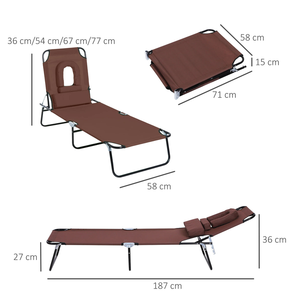 Outsunny Folding Sun Lounger with Face Hole, 4-Position Adjustable Backrest Garden Recliner Chair Sunbed, Outdoor Lounge Chair with 600 D Oxford Cloth Seat, Pillow for Beach, Brown