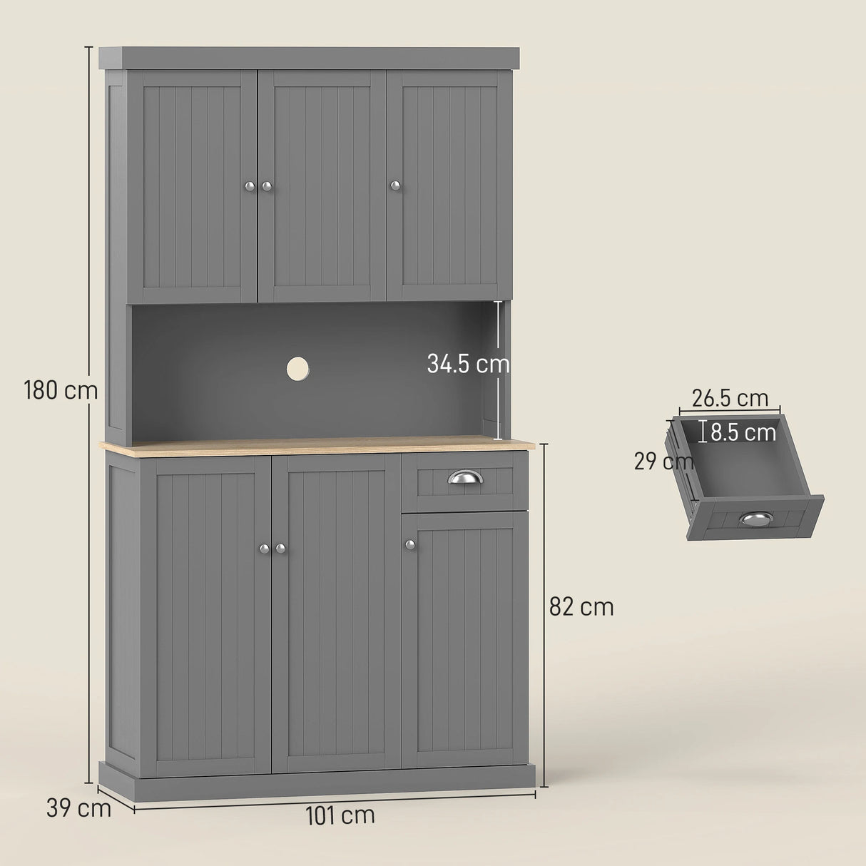 HOMCOM 180cm Freestanding Kitchen Cabinet, Modern Storage Cupboard with Open Countertop, Drawer and 6 Doors, Grey