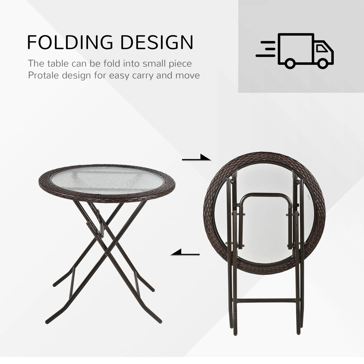 Outsunny Folding Rattan Garden Dining Table, 68 cm Round Rattan Garden Table with Water Ripple Tempered Glass Top, Wicker Edging and Steel Frame for Outdoor, Patio, Brown
