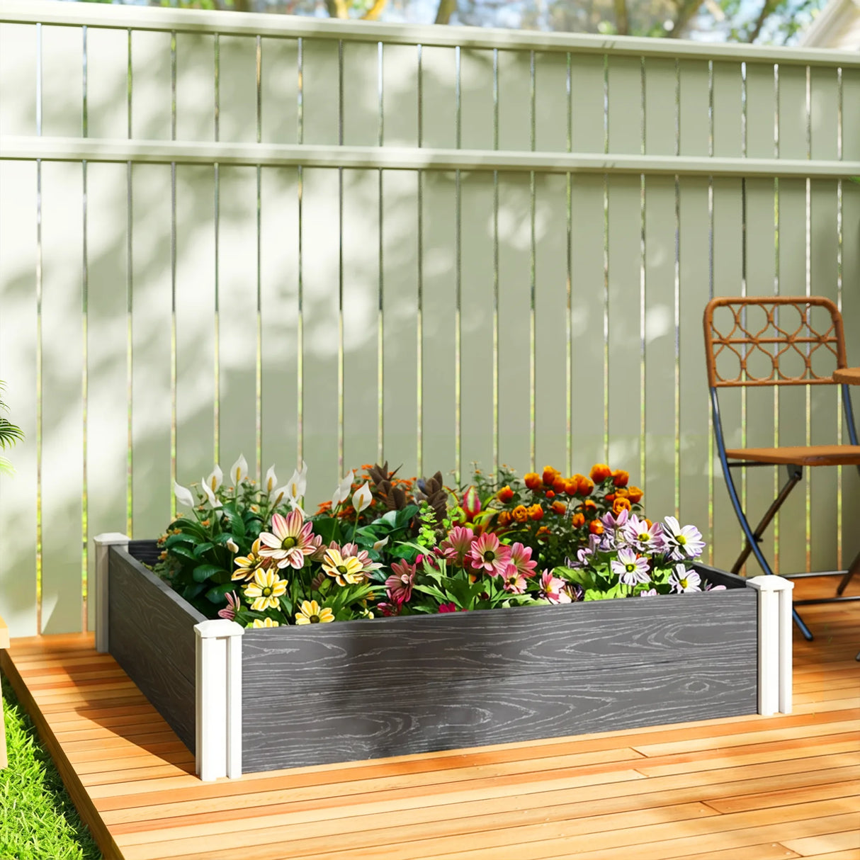 Outsunny Vinyl Raised Garden Bed Kit, 3 x 3 x 1ft Modular Elevated Garden Box with Slotting Legs and Open Bottom, Dark Grey