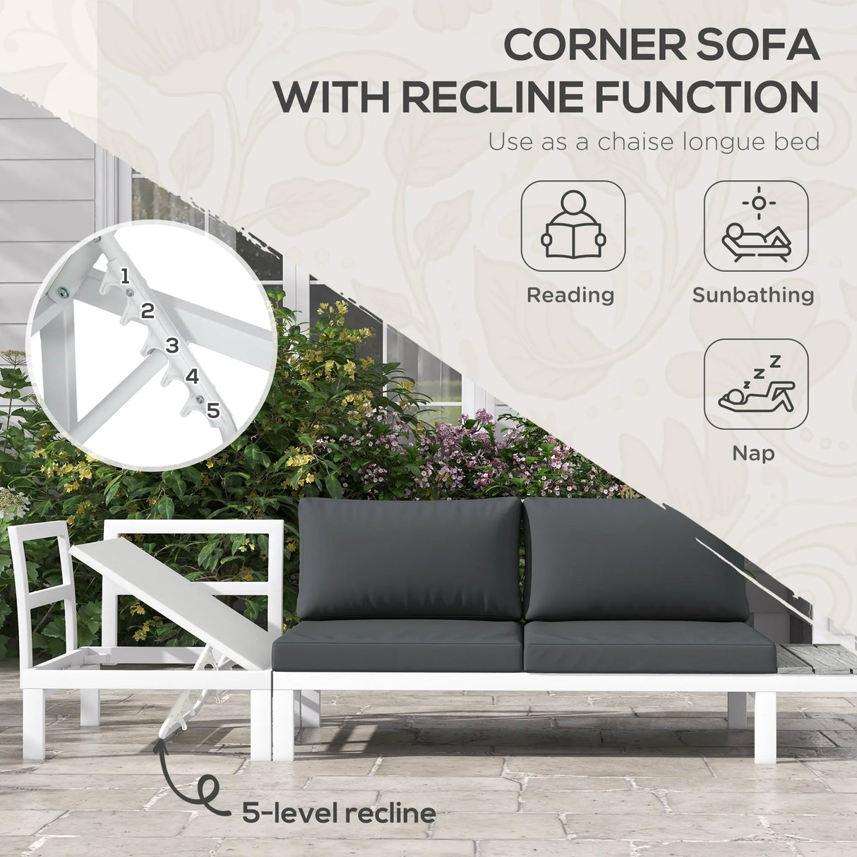 Outsunny 4 Pieces Garden Furniture Set, 5-Level Reclining Garden Corner Sofa Set, Outdoor Lounge Conversation Sectional with Cushions, Wood Effect Plastic Table, White Frame & Grey Cushion