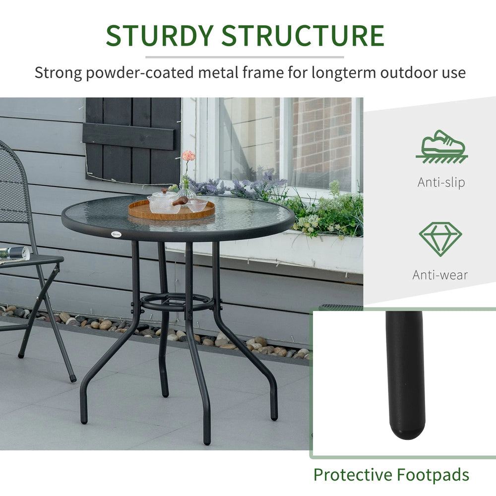 Outsunny Outdoor 80cm Round Dining Table Tempered Glass Top Steel Frame Bistro Coffee End Side Table Garden w/ Parasol Hole