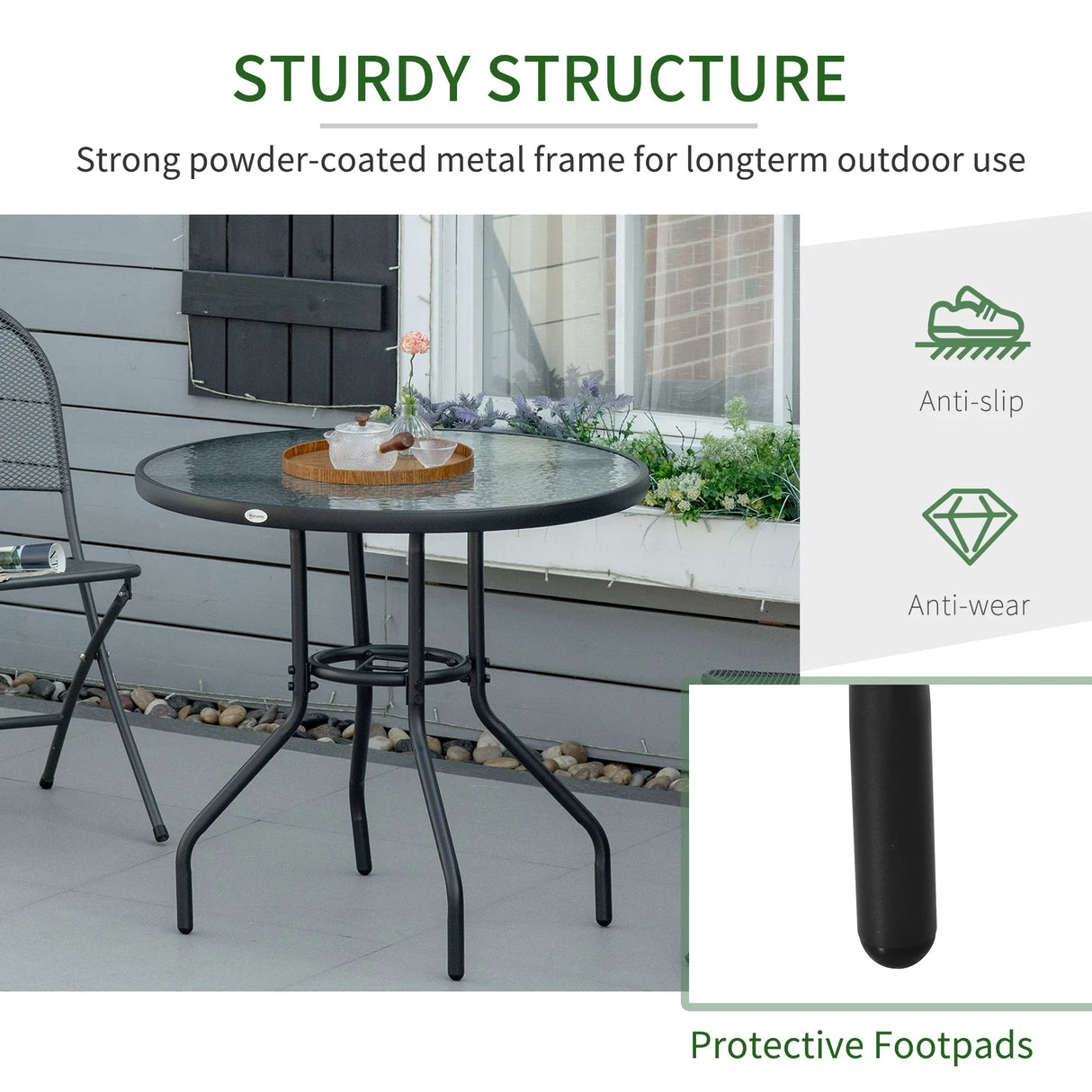 Outsunny Outdoor 80cm Round Dining Table Tempered Glass Top Steel Frame Bistro Coffee End Side Table Garden w/ Parasol Hole