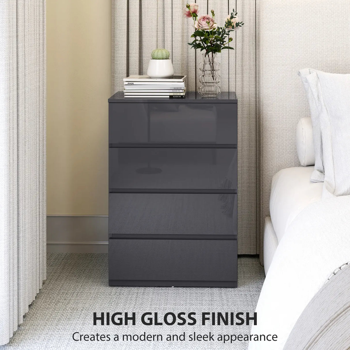 HOMCOM High Gloss Chest of Drawers, 4-Drawer Storage Cabinets, Modern Dresser for Bedroom, Grey