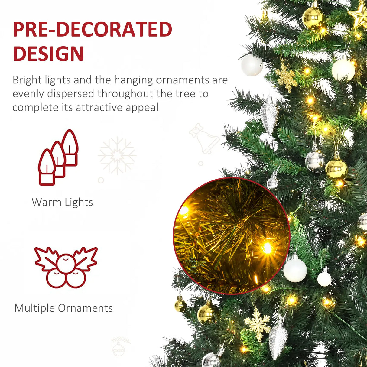 HOMCOM 1.8m 6ft Pre-Lit Artificial Christmas Tree 200 LED Xmas Tree Holiday Dcor with Decorative Balls Ornament Metal Stand
