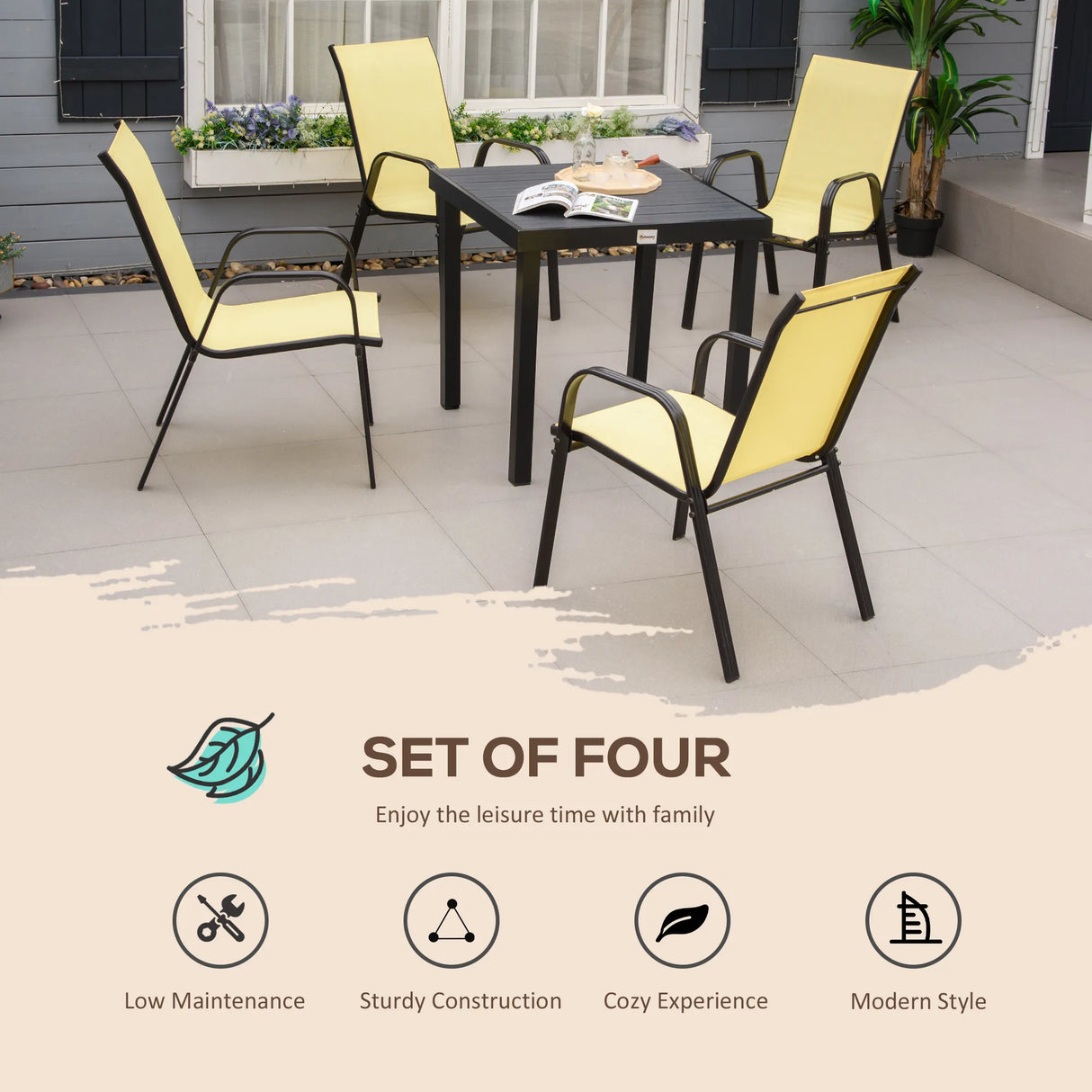 Outsunny Set of Four Stackable Mesh Seat Chairs - Beige