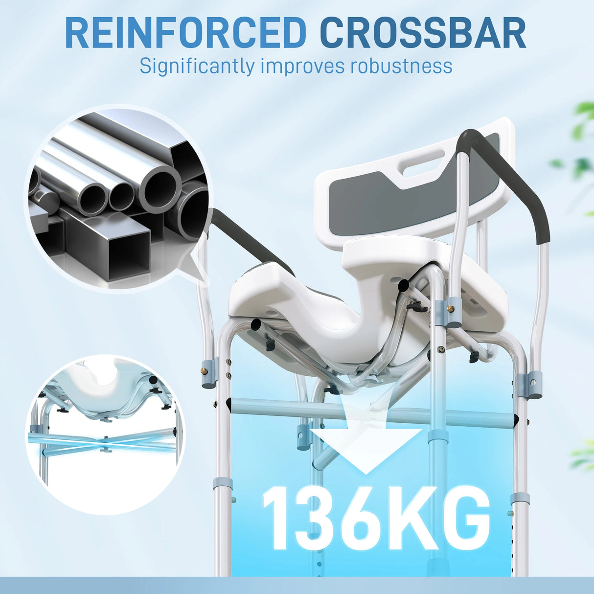 HOMCOM Shower Chair with Hygiene Cut-Out Seat and Reinforced Crossbars, Height Adjustable Padded Bath Chair with Non-slip Feet for Elderly Seniors Disabled Handicap, Tool-Free Assembly, Grey