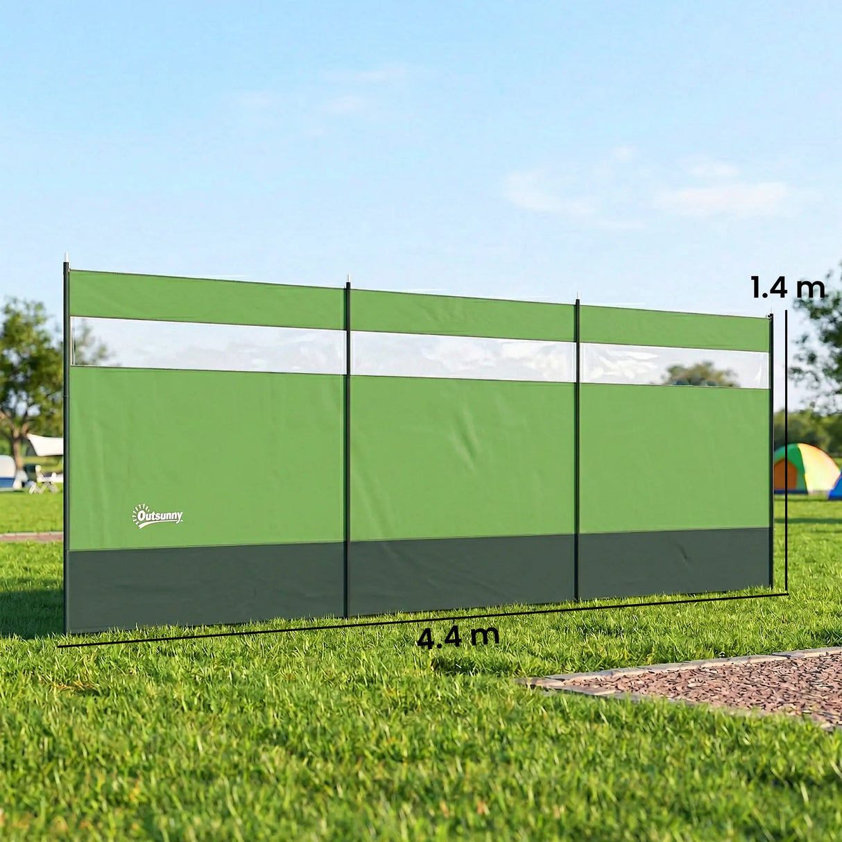 Outsunny Camping Windbreaker with Clear Windows and Steel Poles, for Beach Caravan Campervan, 440 x 140cm, Army Green