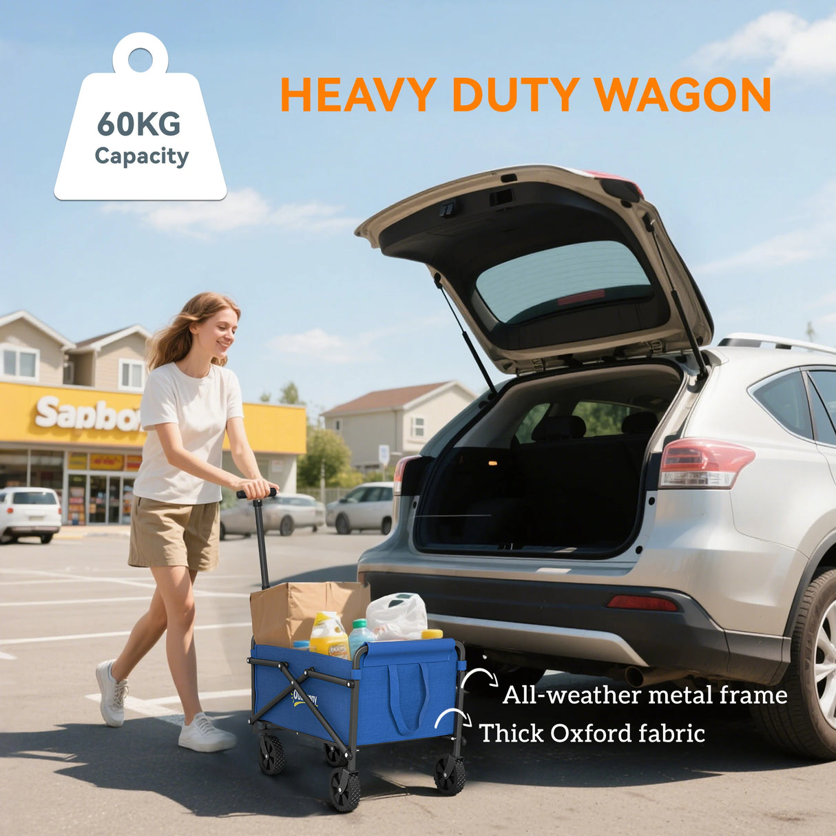 Outsunny 41L Festival Trolley on Wheels, Small Garden Folding Trolley Cart, 60kg Heavy Duty Collapsible Folding Wagon with Adjustable Handle and Carrying Bag for Beach, Camping, Festival, Blue