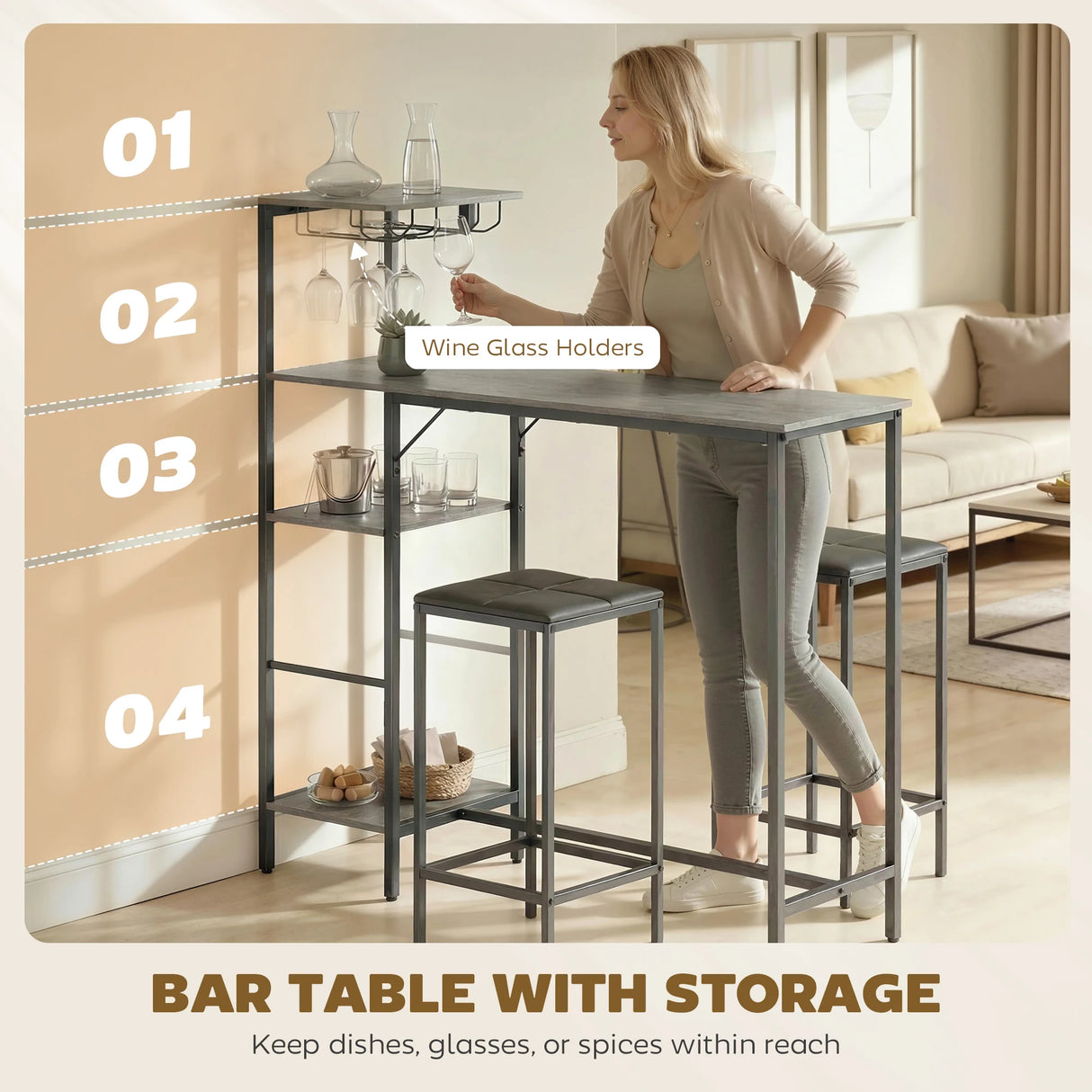 HOMCOM 3 Piece Breakfast Bar Table and Stools Set, Washed Grey