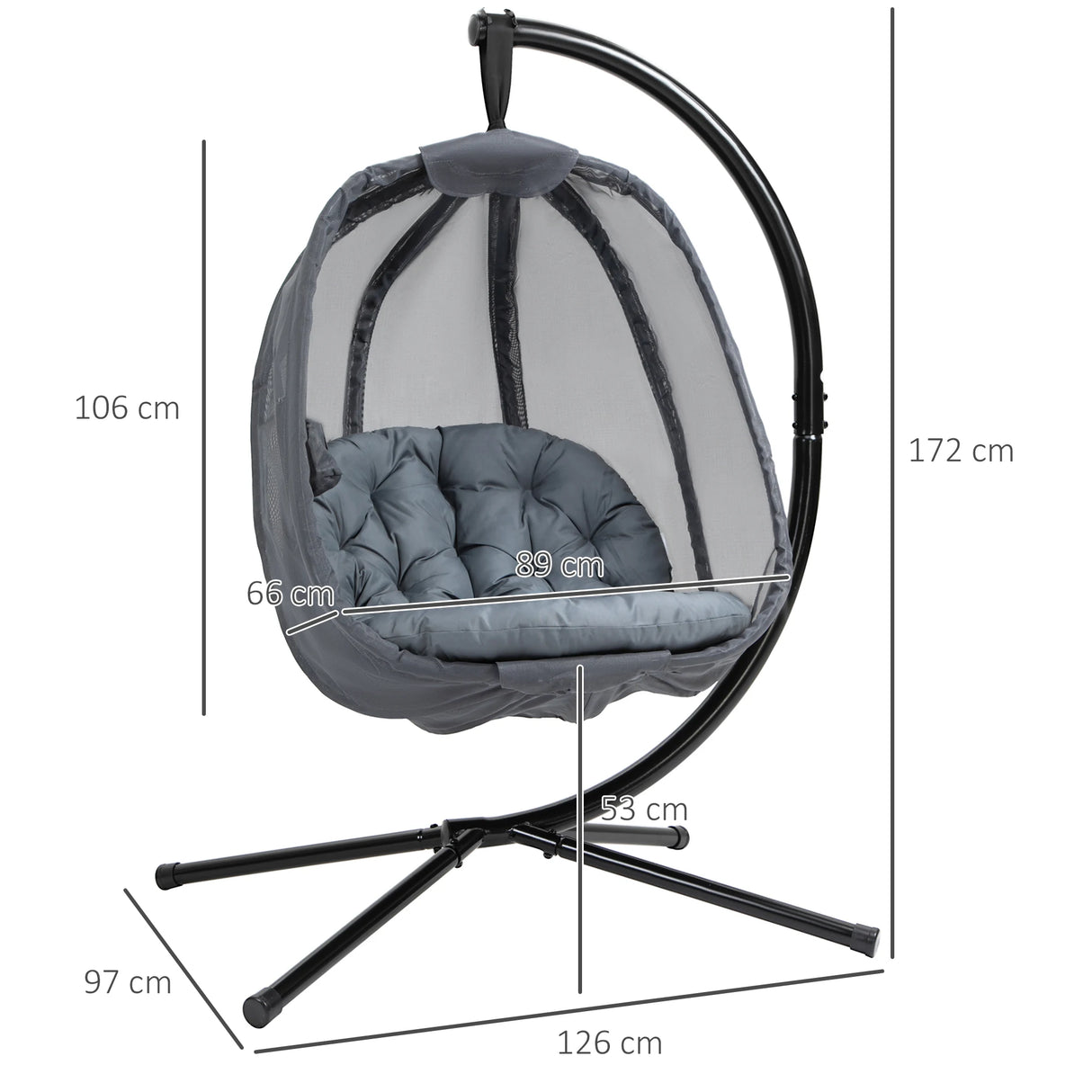 Outsunny Hanging Egg Chair, Folding Texteline Swing Hammock with Side Pocket, Cushion and Stand for Indoor Outdoor, Patio Garden Furniture, Grey