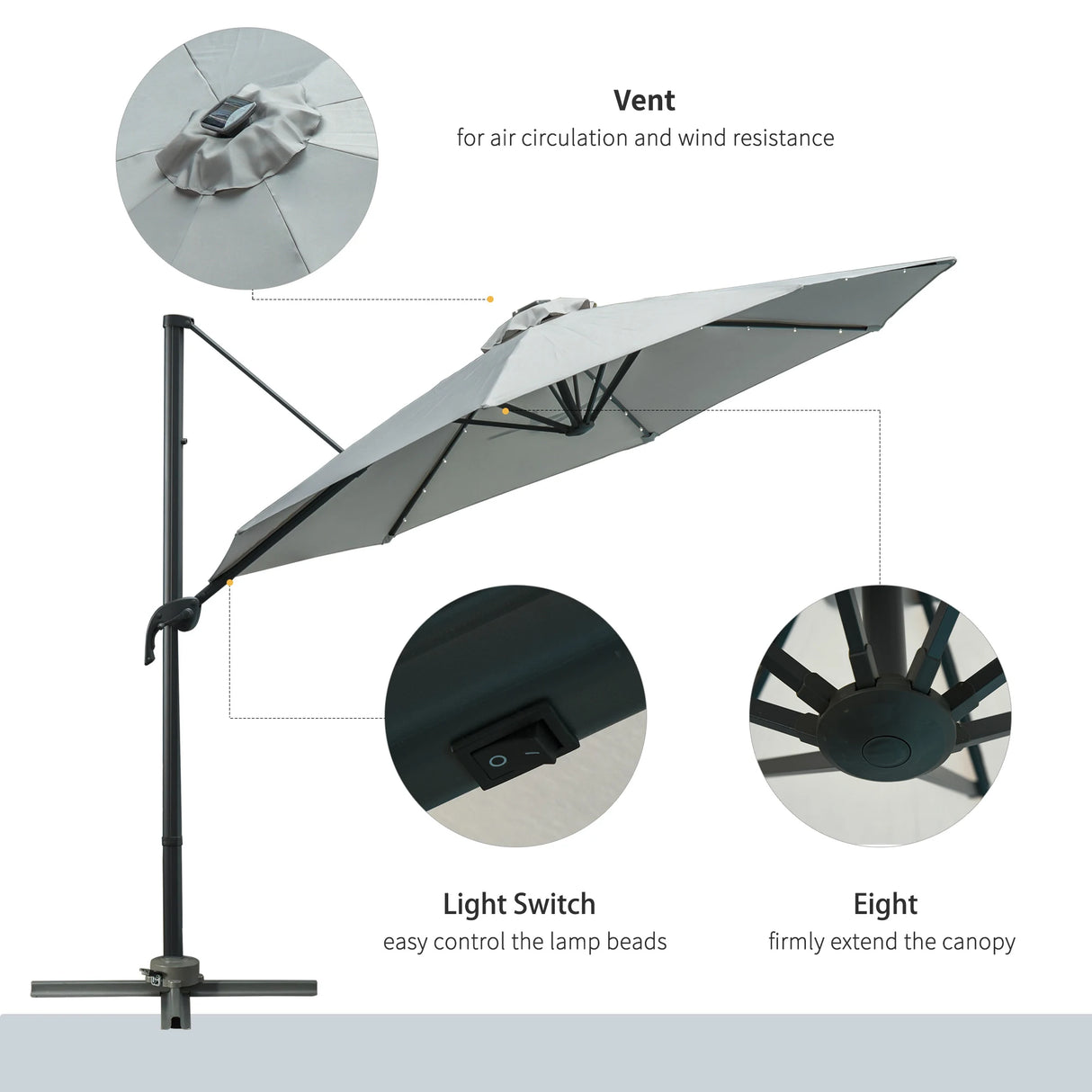 Outsunny 3(m) LED Cantilever Parasol Garden Sun Umbrella w/ Cross Base and Solar Lights Grey