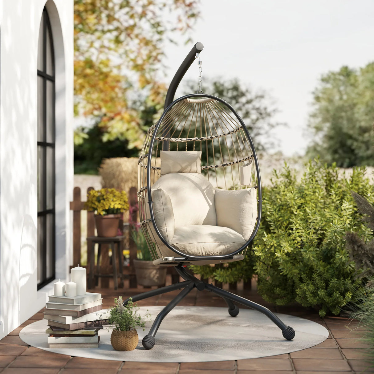 Outsunny Hanging Egg Chair Outdoor Indoor Garden Swing Chair with Folding Basket and Thickened Cushion, Garden Hanging Chair with Stand, Headrest, Cup Holder for Patio, Balcony, Khaki