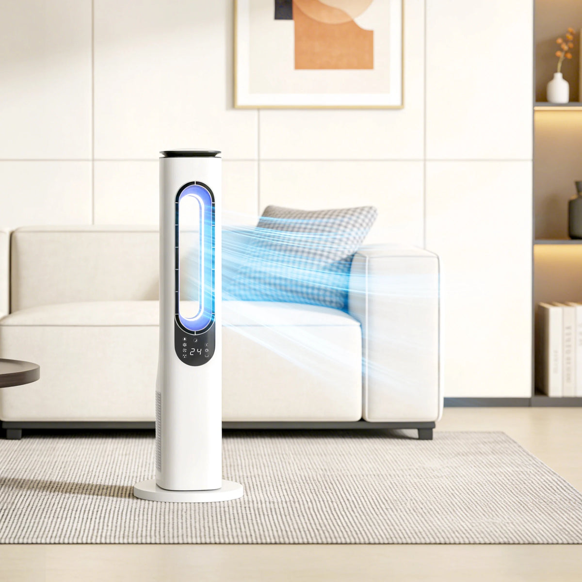 HOMCOM Bladeless Tower Fan for Bedroom, 35dB Standing Cooling Fan with Oscillating, LED Lights, 3 Speeds, 15H Timer, White