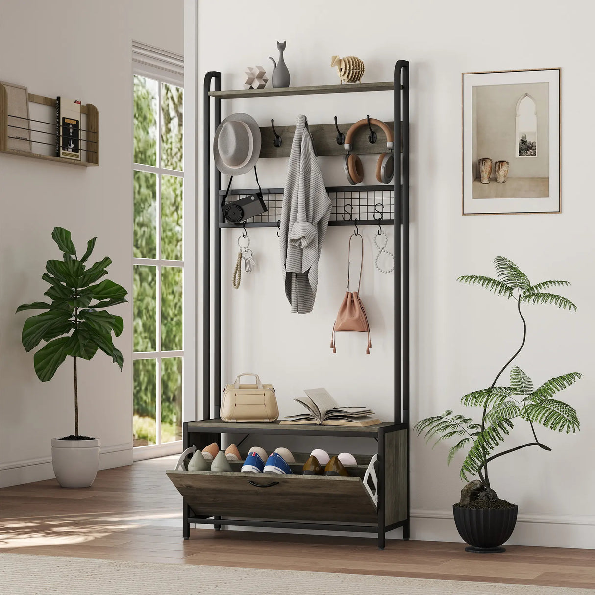 HOMCOM 5-In-1 Industrial-Style Hallway Tree - Grey/Black