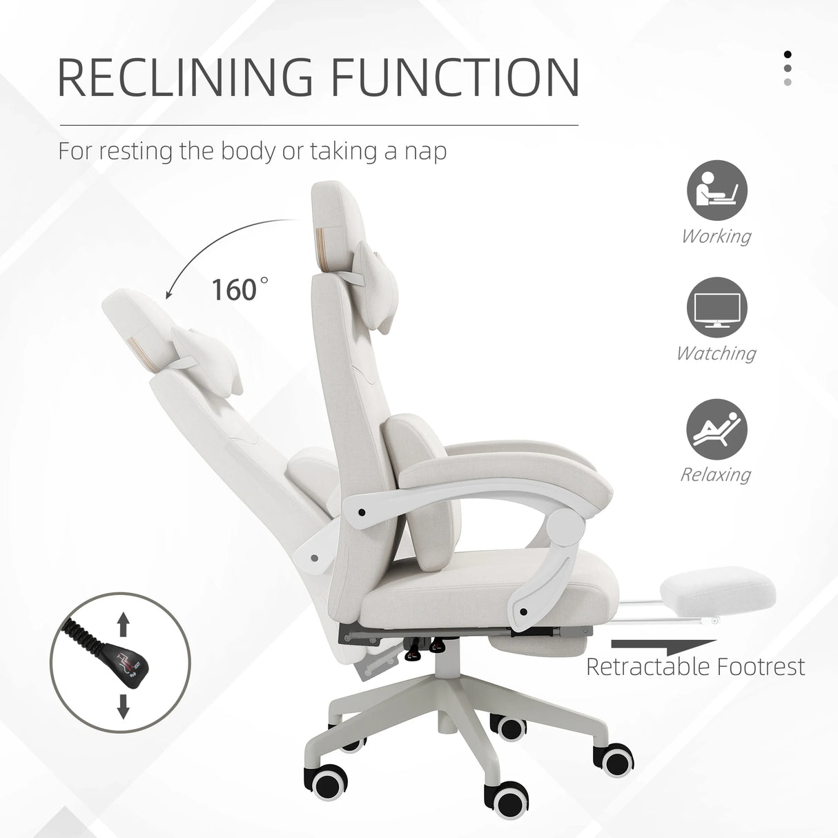 Vinsetto Linen-Look Office Chair, with 160 Reclining Back and Footrest - White