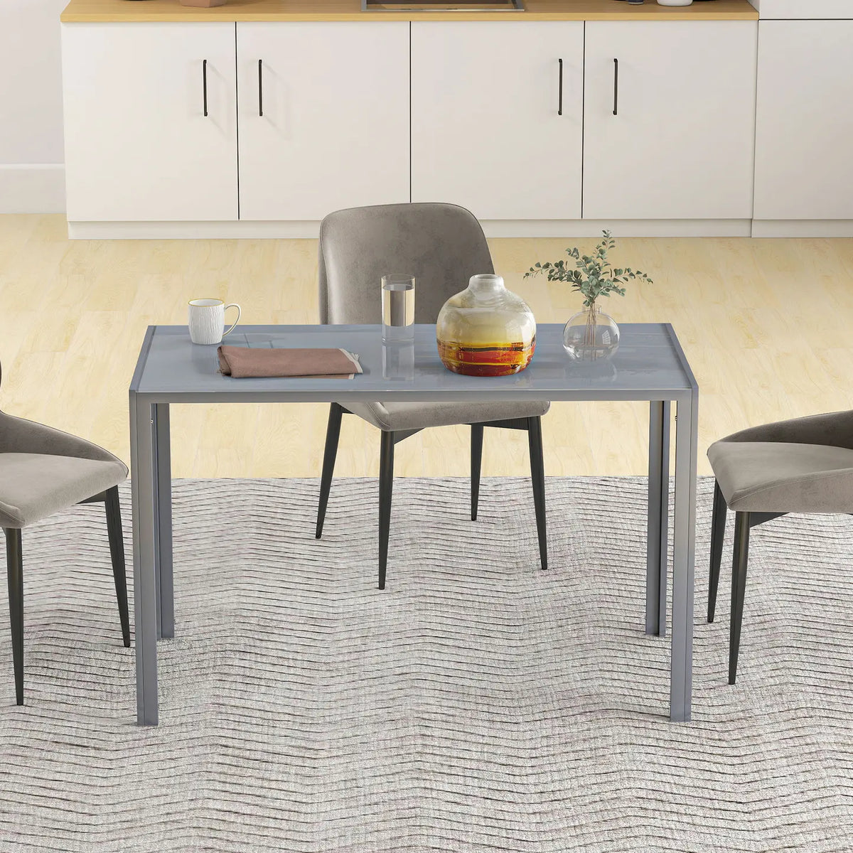 HOMCOM 120cm Dining Table, Rectangle 4 Seater Kitchen Table with Tempered Glass Top and Metal Legs, Grey
