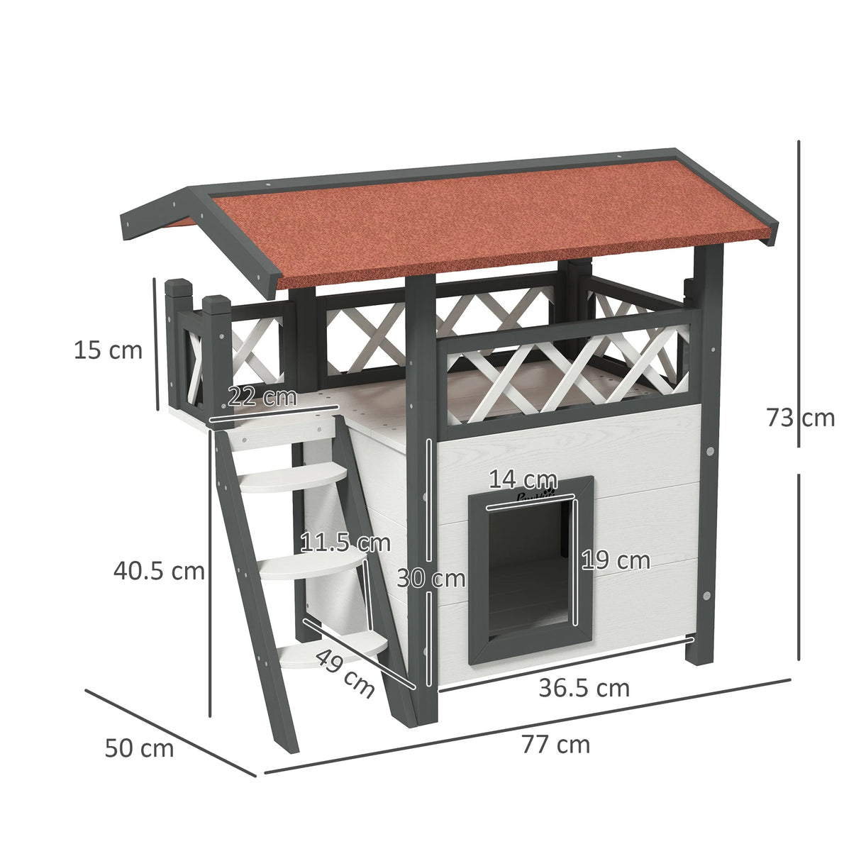 PawHut Cat House Outdoor w/ Balcony Stairs Roof, 77 x 50 x 73 cm, White